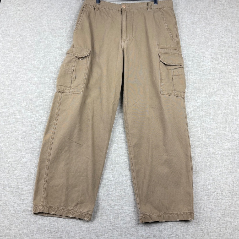 PUGG Mens Y2K Cargo Pants Tan Khaki Cotton Canvas Wide Leg Utility 36x30